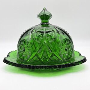 Vintage Kemple Emerald Green Yutec Fan & Star Pattern Pressed Glass Butter Dish